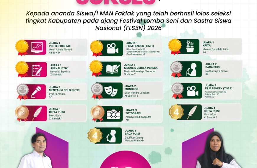Borong Belasan Piala, MAN Fakfak Dominasi Juara di FLS3N Tingkat Kabupaten Fakfak 2026